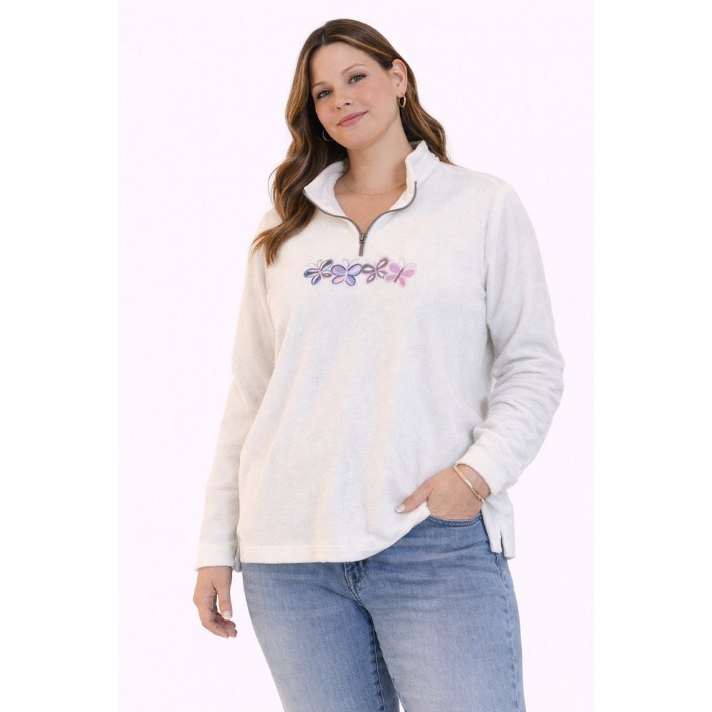 Any Wear Pullover Women Small White Butterfly Terry Cloth Quarter Zip Y2K Top